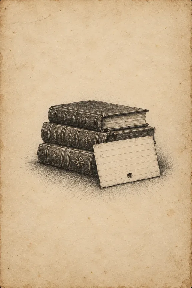 Livros antigos empilhados e uma ficha de arquivo, em ilustração a lápis